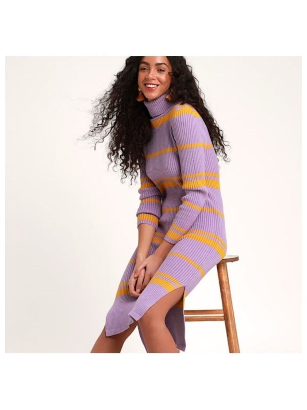 Moon River Julissa Lavender Stripe Turtleneck Sweater Side Slit Midi Dress NWT